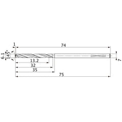 MVS0610X02S070PL DP1020 6.1 mm Dia. × 7 mm Shank × 32 mm Flute Length × 75 mm OAL, 145°, 2 Flute, Coolant Thru, Solid Carbide Drill