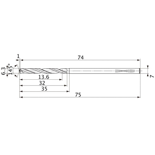 MVS0630X02S070PL DP1020 6.3 mm Dia. × 7 mm Shank × 32 mm Flute Length × 75 mm OAL, 145°, 2 Flute, Coolant Thru, Solid Carbide Drill