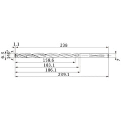 MVS0630X25S070 DP1020 6.3 mm Dia. × 7 mm Shank × 183.1 mm Flute Length × 239.1 mm OAL, 140°, 2 Flute, Coolant Thru, Solid Carbide Drill