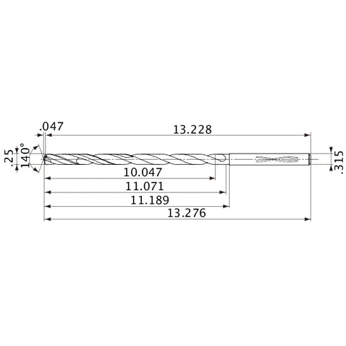 MVS0635X40S080 DP1020 1/4″ Dia. × 0.315″ Shank × 11.071″ Flute Length × 13.276″ OAL, 140°, 2 Flute, Coolant Thru, Solid Carbide Drill