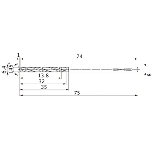 MVS0640X02S080PL DP1020 6.4 mm Dia. × 8 mm Shank × 32 mm Flute Length × 75 mm OAL, 145°, 2 Flute, Coolant Thru, Solid Carbide Drill