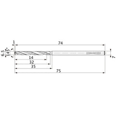 MVS0650X02S070PL DP1020 6.5 mm Dia. × 7 mm Shank × 32 mm Flute Length × 75 mm OAL, 145°, 2 Flute, Coolant Thru, Solid Carbide Drill