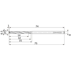 MVS0650X02S080PL DP1020 6.5 mm Dia. × 8 mm Shank × 32 mm Flute Length × 75 mm OAL, 145°, 2 Flute, Coolant Thru, Solid Carbide Drill