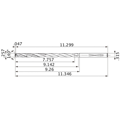 MVS0653X30S080 DP1020 0.257″ Dia. × 0.315″ Shank × 9.142″ Flute Length × 11.346″ OAL, 140°, 2 Flute, Coolant Thru, Solid Carbide Drill