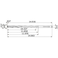 MVS0653X40S080 DP1020 0.257″ Dia. × 0.315″ Shank × 11.858″ Flute Length × 14.063″ OAL, 140°, 2 Flute, Coolant Thru, Solid Carbide Drill