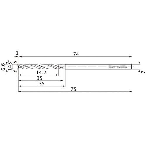 MVS0660X02S070PL DP1020 6.6 mm Dia. × 7 mm Shank × 35 mm Flute Length × 75 mm OAL, 145°, 2 Flute, Coolant Thru, Solid Carbide Drill