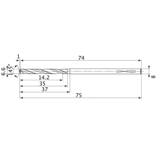 MVS0660X02S080PL DP1020 6.6 mm Dia. × 8 mm Shank × 35 mm Flute Length × 75 mm OAL, 145°, 2 Flute, Coolant Thru, Solid Carbide Drill