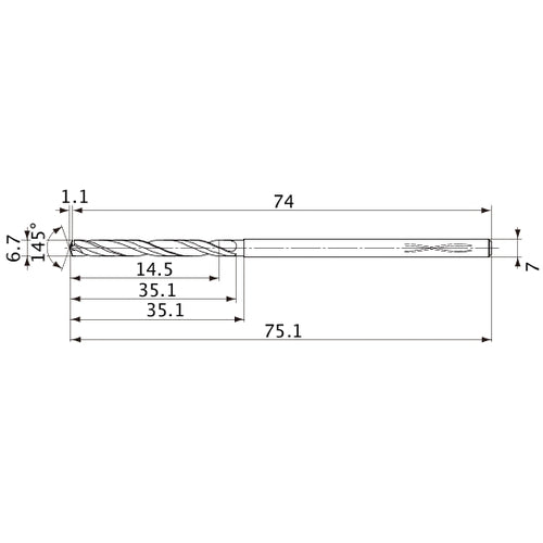 MVS0670X02S070PL DP1020 6.7 mm Dia. × 7 mm Shank × 35.1 mm Flute Length × 75.1 mm OAL, 145°, 2 Flute, Coolant Thru, Solid Carbide Drill