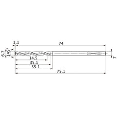 MVS0670X02S070PL DP1020 6.7 mm Dia. × 7 mm Shank × 35.1 mm Flute Length × 75.1 mm OAL, 145°, 2 Flute, Coolant Thru, Solid Carbide Drill