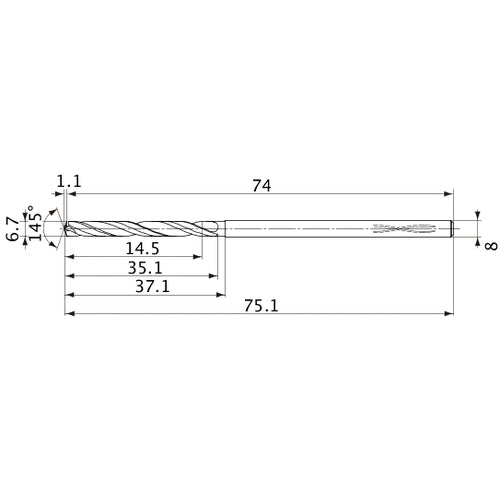 MVS0670X02S080PL DP1020 6.7 mm Dia. × 8 mm Shank × 35.1 mm Flute Length × 75.1 mm OAL, 145°, 2 Flute, Coolant Thru, Solid Carbide Drill