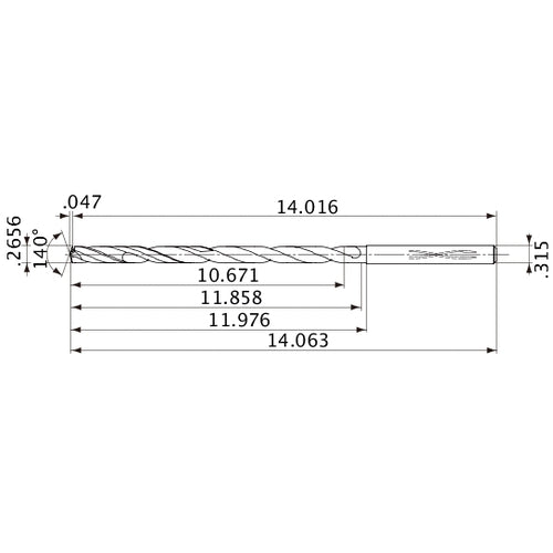 MVS0675X40S080 DP1020 0.2656″ Dia. × 0.315″ Shank × 11.858″ Flute Length × 14.063″ OAL, 140°, 2 Flute, Coolant Thru, Solid Carbide Drill