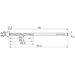 MVS0680X02S070PL DP1020 6.8 mm Dia. × 7 mm Shank × 35.1 mm Flute Length × 75.1 mm OAL, 145°, 2 Flute, Coolant Thru, Solid Carbide Drill
