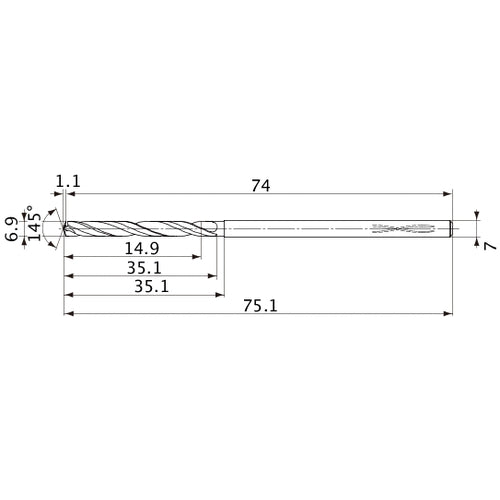 MVS0690X02S070PL DP1020 6.9 mm Dia. × 7 mm Shank × 35.1 mm Flute Length × 75.1 mm OAL, 145°, 2 Flute, Coolant Thru, Solid Carbide Drill