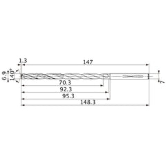 MVS0690X10S070 DP1020 6.9 mm Dia. × 7 mm Shank × 92.3 mm Flute Length × 148.3 mm OAL, 140°, 2 Flute, Coolant Thru, Solid Carbide Drill