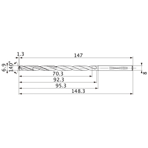 MVS0690X10S080 DP1020 6.9 mm Dia. × 8 mm Shank × 92.3 mm Flute Length × 148.3 mm OAL, 140°, 2 Flute, Coolant Thru, Solid Carbide Drill