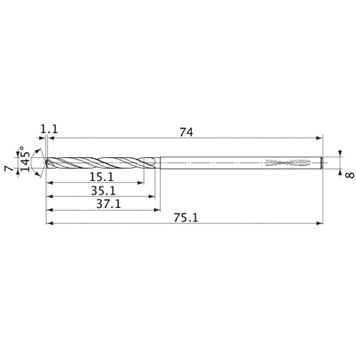 MVS0700X02S080PL DP1020 7 mm Dia. × 8 mm Shank × 35.1 mm Flute Length × 75.1 mm OAL, 145°, 2 Flute, Coolant Thru, Solid Carbide Drill
