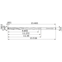 MVS0714X35S080 DP1020 0.2812″ Dia. × 0.315″ Shank × 11.272″ Flute Length × 13.516″ OAL, 140°, 2 Flute, Coolant Thru, Solid Carbide Drill