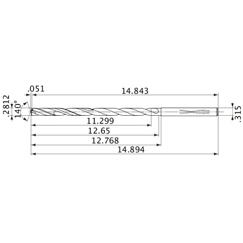 MVS0714X40S080 DP1020 0.2812″ Dia. × 0.315″ Shank × 12.65″ Flute Length × 14.894″ OAL, 140°, 2 Flute, Coolant Thru, Solid Carbide Drill