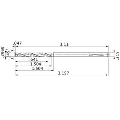 MVS0754X02S080PL DP1020 0.2969″ Dia. × 0.315″ Shank × 1.504″ Flute Length × 3.157″ OAL, 145°, 2 Flute, Coolant Thru, Solid Carbide Drill