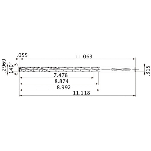 MVS0754X25S080 DP1020 0.2969″ Dia. × 0.315″ Shank × 8.874″ Flute Length × 11.118″ OAL, 140°, 2 Flute, Coolant Thru, Solid Carbide Drill