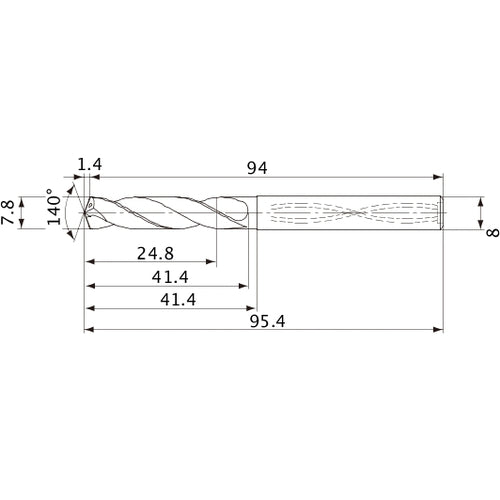 MVS0780X03S080 DP1020 7.8 mm Dia. × 8 mm Shank × 41.4 mm Flute Length × 95.4 mm OAL, 140°, 2 Flute, Coolant Thru, Solid Carbide Drill