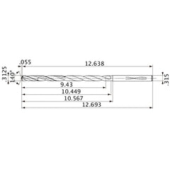 MVS0794X30S080 DP1020 5/16″ Dia. × 0.315″ Shank × 10.449″ Flute Length × 12.693″ OAL, 140°, 2 Flute, Coolant Thru, Solid Carbide Drill