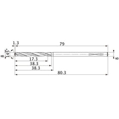 MVS0800X02S080PL DP1020 8 mm Dia. × 8 mm Shank × 38.3 mm Flute Length × 80.3 mm OAL, 145°, 2 Flute, Coolant Thru, Solid Carbide Drill