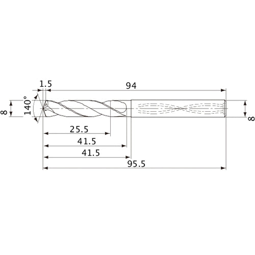 MVS0800X03S080 DP1020 8 mm Dia. × 8 mm Shank × 41.5 mm Flute Length × 95.5 mm OAL, 140°, 2 Flute, Coolant Thru, Solid Carbide Drill