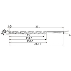 MVS0810X15S090 DP1020 8.1 mm Dia. × 9 mm Shank × 154.5 mm Flute Length × 212.5 mm OAL, 140°, 2 Flute, Coolant Thru, Solid Carbide Drill