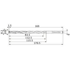 MVS0820X10S090 DP1020 8.2 mm Dia. × 9 mm Shank × 112.5 mm Flute Length × 170.5 mm OAL, 140°, 2 Flute, Coolant Thru, Solid Carbide Drill