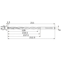MVS0830X15S090 DP1020 8.3 mm Dia. × 9 mm Shank × 154.5 mm Flute Length × 212.5 mm OAL, 140°, 2 Flute, Coolant Thru, Solid Carbide Drill