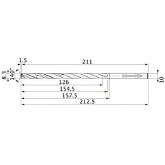 MVS0830X15S100 DP1020 8.3 mm Dia. × 10 mm Shank × 154.5 mm Flute Length × 212.5 mm OAL, 140°, 2 Flute, Coolant Thru, Solid Carbide Drill