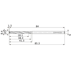 MVS0840X02S090PL DP1020 8.4 mm Dia. × 9 mm Shank × 38.3 mm Flute Length × 85.3 mm OAL, 145°, 2 Flute, Coolant Thru, Solid Carbide Drill
