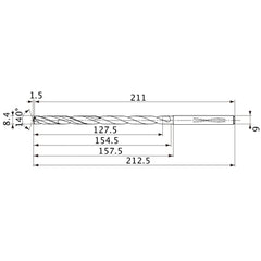 MVS0840X15S090 DP1020 8.4 mm Dia. × 9 mm Shank × 154.5 mm Flute Length × 212.5 mm OAL, 140°, 2 Flute, Coolant Thru, Solid Carbide Drill