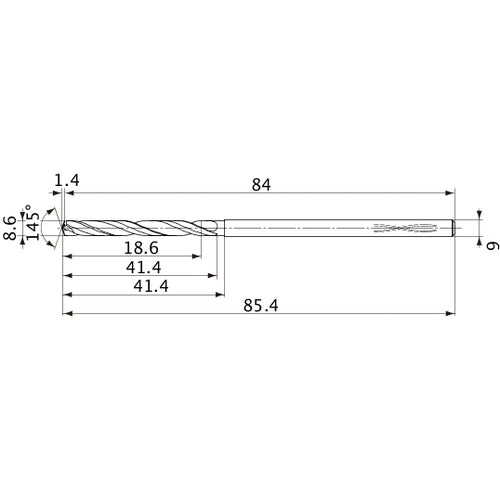 MVS0860X02S090PL DP1020 8.6 mm Dia. × 9 mm Shank × 41.4 mm Flute Length × 85.4 mm OAL, 145°, 2 Flute, Coolant Thru, Solid Carbide Drill