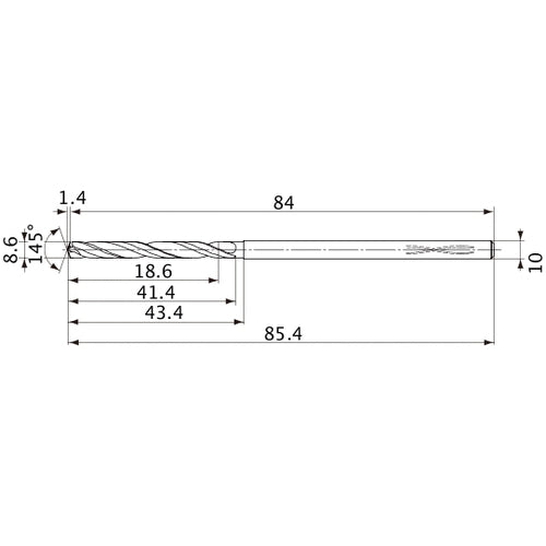 MVS0860X02S100PL DP1020 8.6 mm Dia. × 10 mm Shank × 41.4 mm Flute Length × 85.4 mm OAL, 145°, 2 Flute, Coolant Thru, Solid Carbide Drill