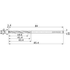 MVS0860X02S100PL DP1020 8.6 mm Dia. × 10 mm Shank × 41.4 mm Flute Length × 85.4 mm OAL, 145°, 2 Flute, Coolant Thru, Solid Carbide Drill