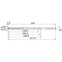 MVS0860X15S100 DP1020 8.6 mm Dia. × 10 mm Shank × 163.6 mm Flute Length × 221.6 mm OAL, 140°, 2 Flute, Coolant Thru, Solid Carbide Drill