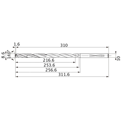 MVS0860X25S100 DP1020 8.6 mm Dia. × 10 mm Shank × 253.6 mm Flute Length × 311.6 mm OAL, 140°, 2 Flute, Coolant Thru, Solid Carbide Drill