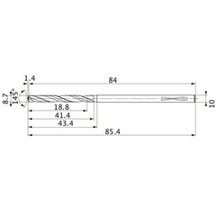 MVS0870X02S100PL DP1020 8.7 mm Dia. × 10 mm Shank × 41.4 mm Flute Length × 85.4 mm OAL, 145°, 2 Flute, Coolant Thru, Solid Carbide Drill