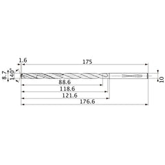 MVS0870X10S100 DP1020 8.7 mm Dia. × 10 mm Shank × 118.6 mm Flute Length × 176.6 mm OAL, 140°, 2 Flute, Coolant Thru, Solid Carbide Drill