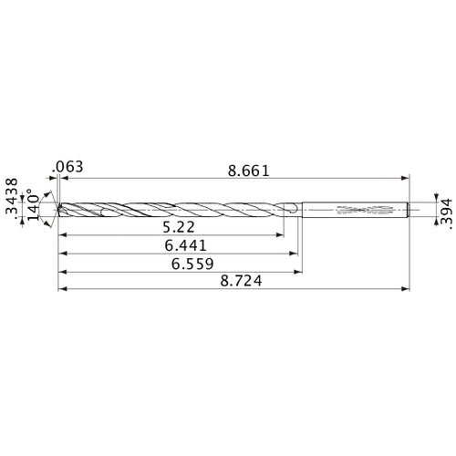 MVS0873X15S100 DP1020 0.3438″ Dia. × 0.394″ Shank × 6.441″ Flute Length × 8.724″ OAL, 140°, 2 Flute, Coolant Thru, Solid Carbide Drill