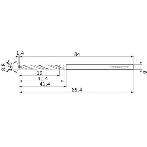 MVS0880X02S090PL DP1020 8.8 mm Dia. × 9 mm Shank × 41.4 mm Flute Length × 85.4 mm OAL, 145°, 2 Flute, Coolant Thru, Solid Carbide Drill