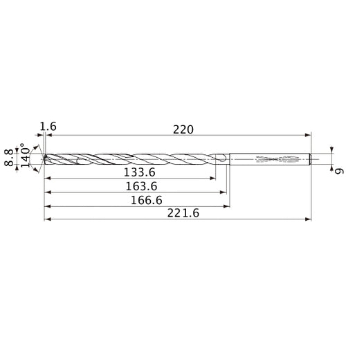 MVS0880X15S090 DP1020 8.8 mm Dia. × 9 mm Shank × 163.6 mm Flute Length × 221.6 mm OAL, 140°, 2 Flute, Coolant Thru, Solid Carbide Drill