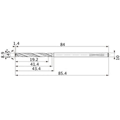 MVS0890X02S100PL DP1020 8.9 mm Dia. × 10 mm Shank × 41.4 mm Flute Length × 85.4 mm OAL, 145°, 2 Flute, Coolant Thru, Solid Carbide Drill