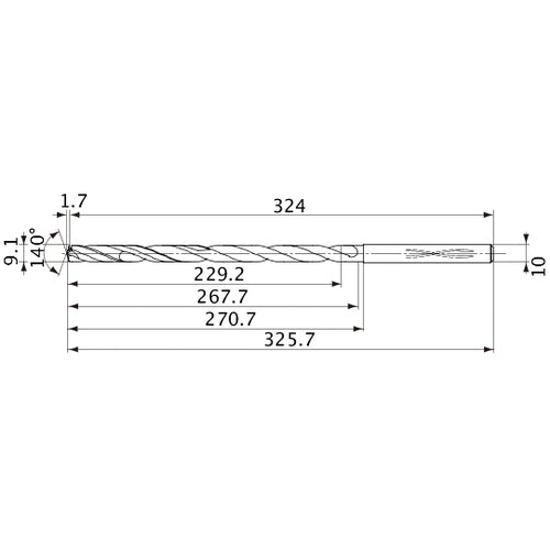 MVS0910X25S100 DP1020 9.1 mm Dia. × 10 mm Shank × 267.7 mm Flute Length × 325.7 mm OAL, 140°, 2 Flute, Coolant Thru, Solid Carbide Drill