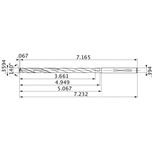 MVS0913X10S100 DP1020 0.3594″ Dia. × 0.394″ Shank × 4.949″ Flute Length × 7.232″ OAL, 140°, 2 Flute, Coolant Thru, Solid Carbide Drill