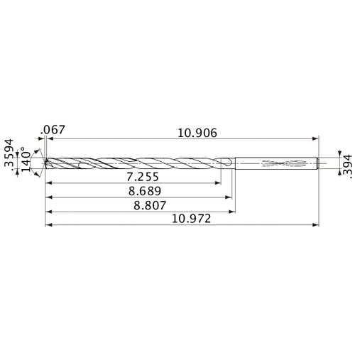 MVS0913X20S100 DP1020 0.3594″ Dia. × 0.394″ Shank × 8.689″ Flute Length × 10.972″ OAL, 140°, 2 Flute, Coolant Thru, Solid Carbide Drill