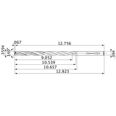 MVS0913X25S100 DP1020 0.3594″ Dia. × 0.394″ Shank × 10.539″ Flute Length × 12.823″ OAL, 140°, 2 Flute, Coolant Thru, Solid Carbide Drill