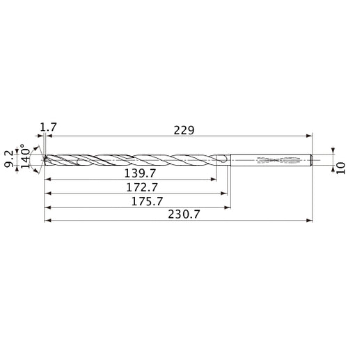 MVS0920X15S100 DP1020 9.2 mm Dia. × 10 mm Shank × 172.7 mm Flute Length × 230.7 mm OAL, 140°, 2 Flute, Coolant Thru, Solid Carbide Drill